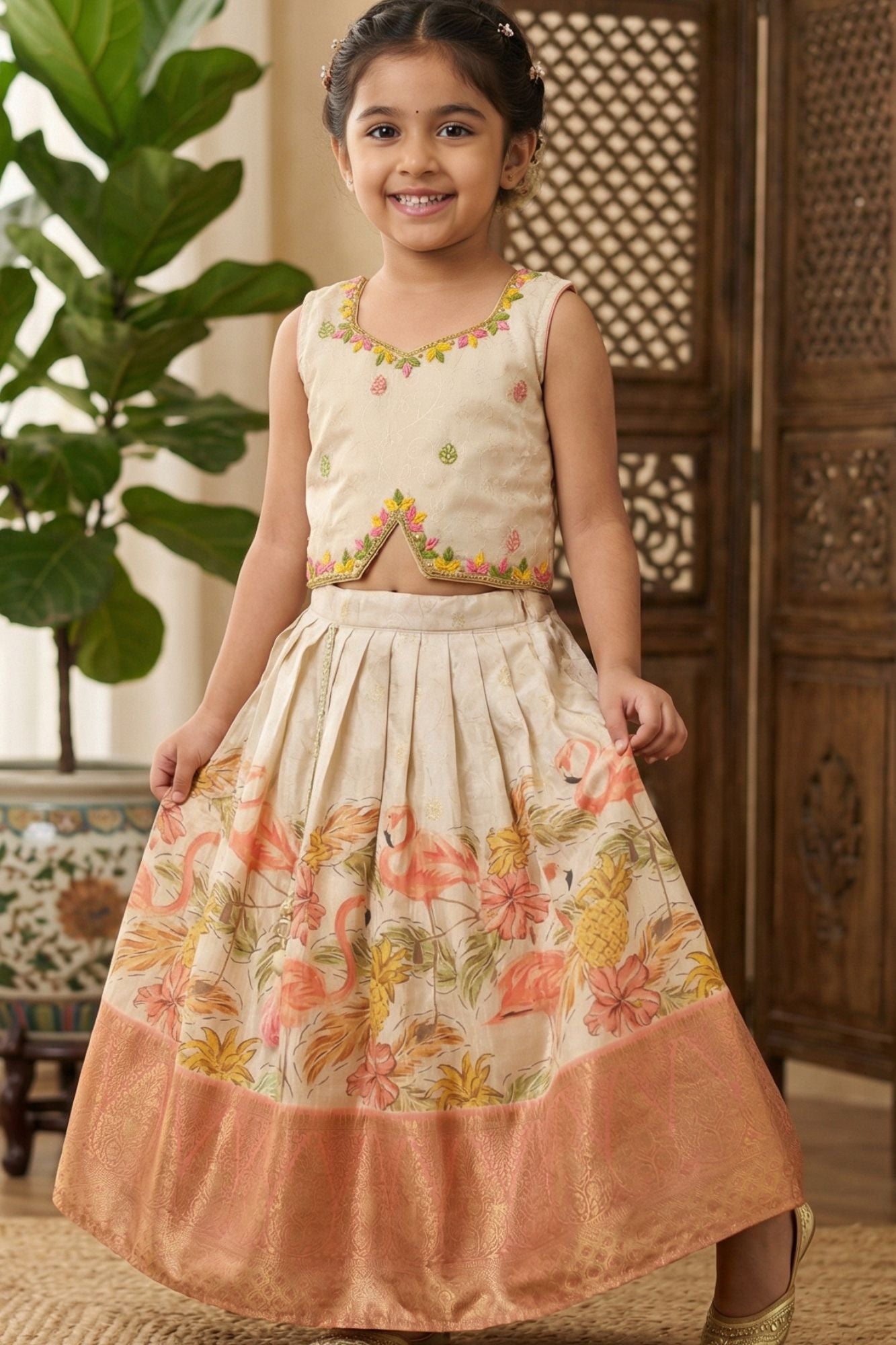 Ivory Printed Lehenga Choli Set with Embroidered Blouse For Girls