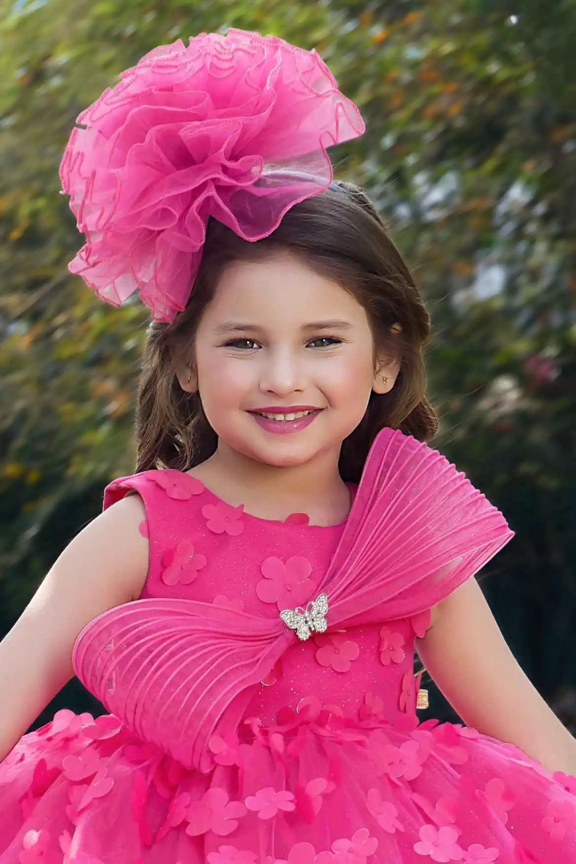 Pink 3D Floral Embellishments Party Wear Frock For Girls