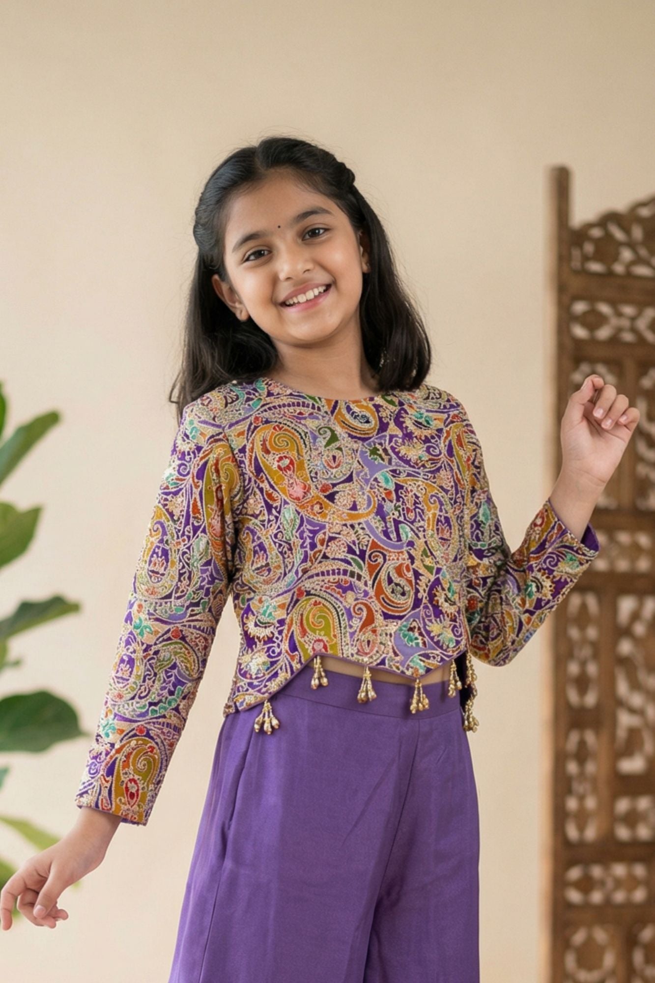 Purple Palazzo Set with Multicolor Paisley Embroidered Top For Girls