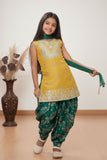 Mustard Sleeveless Kurti with Foil-Print Green Patiala And Dupatta For Girls