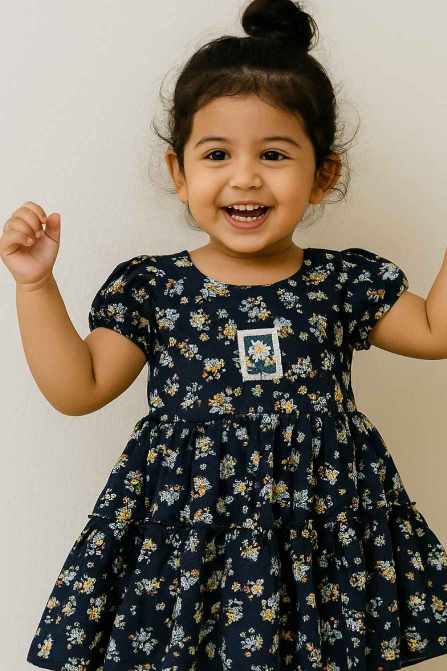 Navy Blue Tiered Floral Dress for Girls