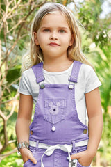 Purple Stylish Dungaree Set With White T-Shirt For Girls