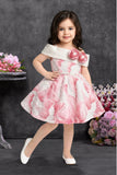 Girls Pink Marble Print One-Shoulder Party Wear Frock with Floral Applique