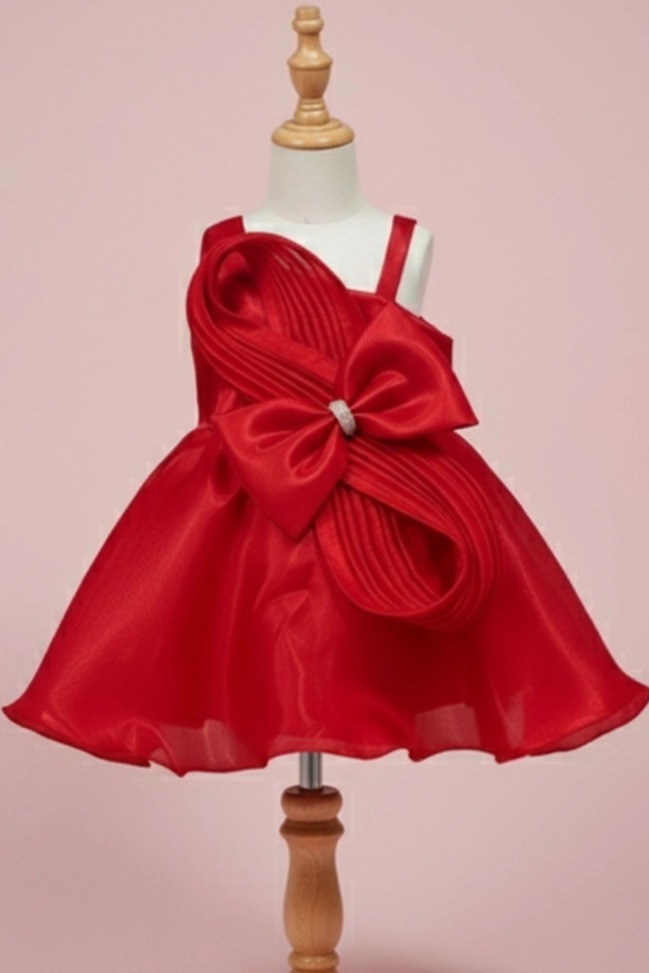 Red Embellished Party Frock with Pleated Petal Bow For Girls