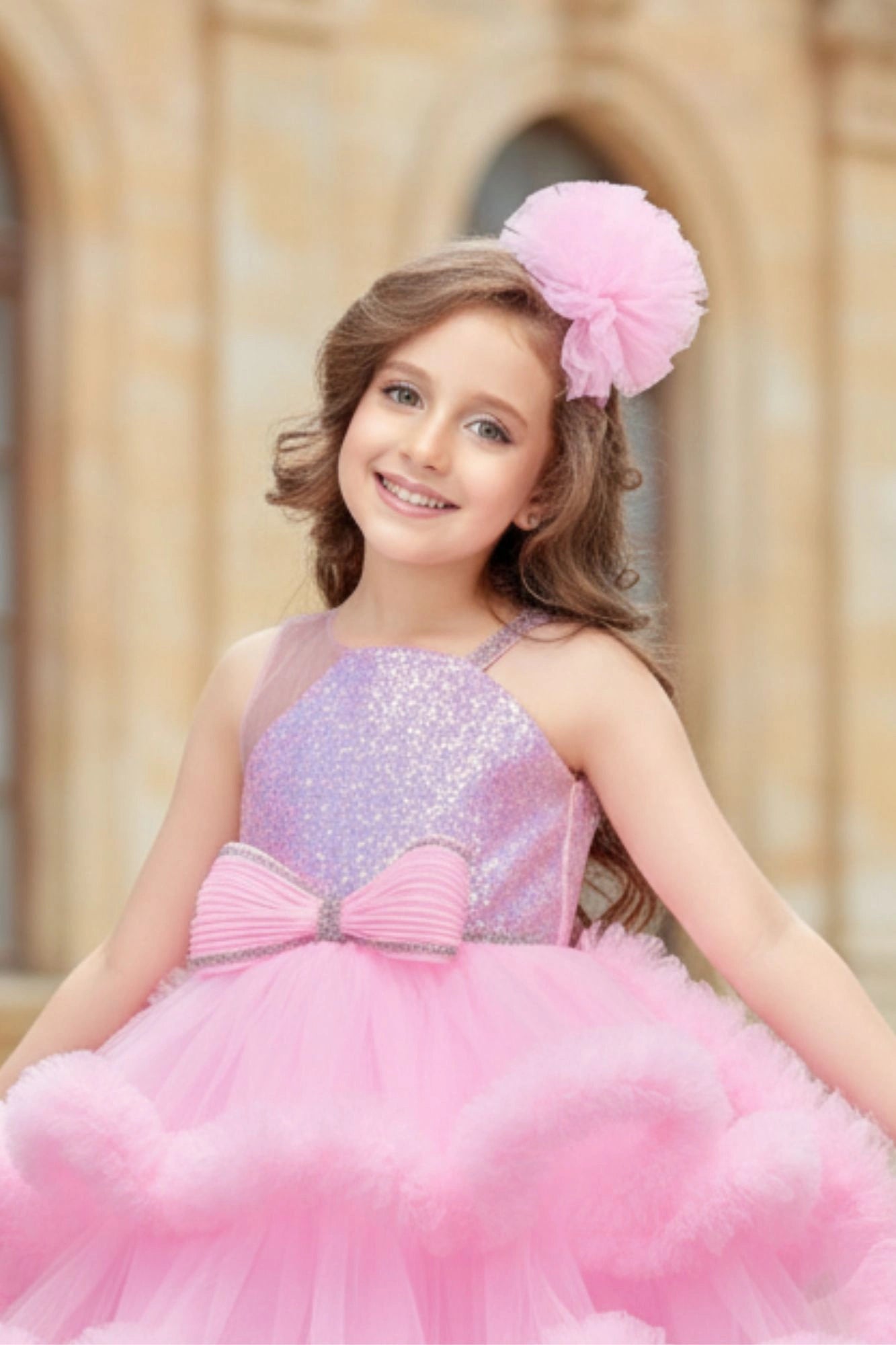 Pink Sequin Embellished High-Low Party Dress with Ruffle Hem For Girls