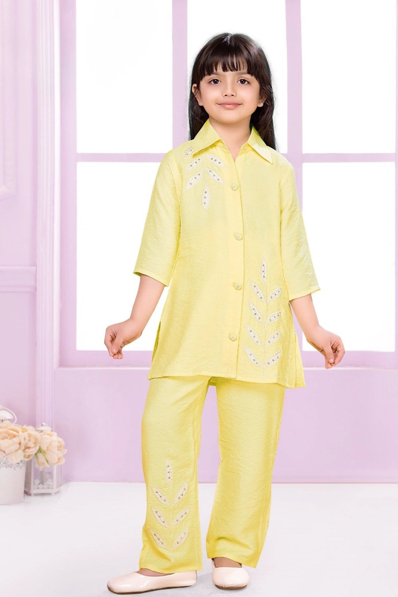 Lemon Yellow Embroidered Casual Co-ord Set for Girls