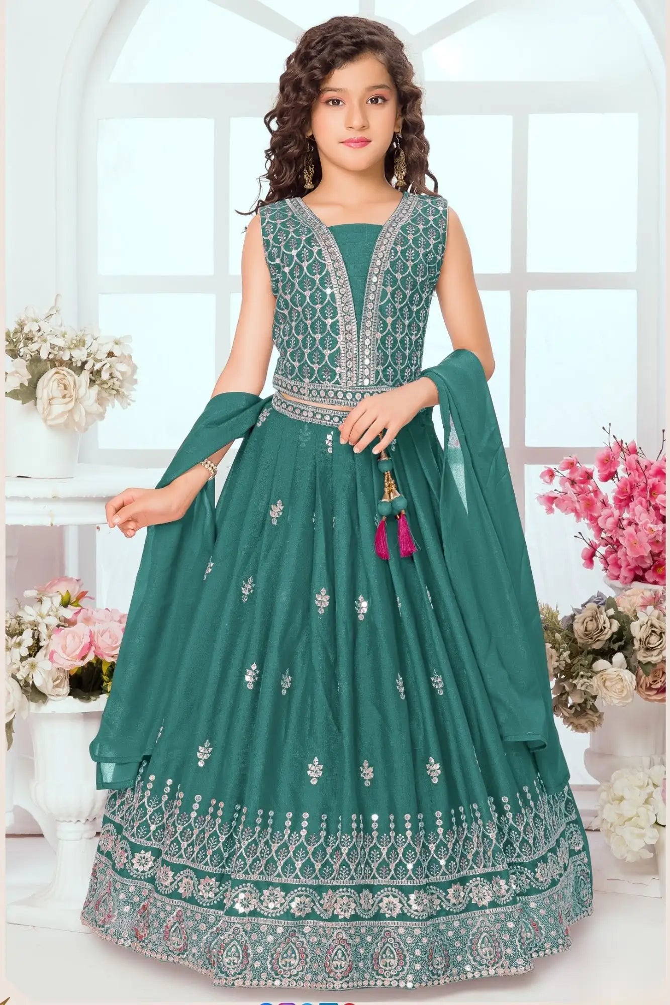 Rama Green Embroidered Lehenga Choli Set with Dupatta For Girls