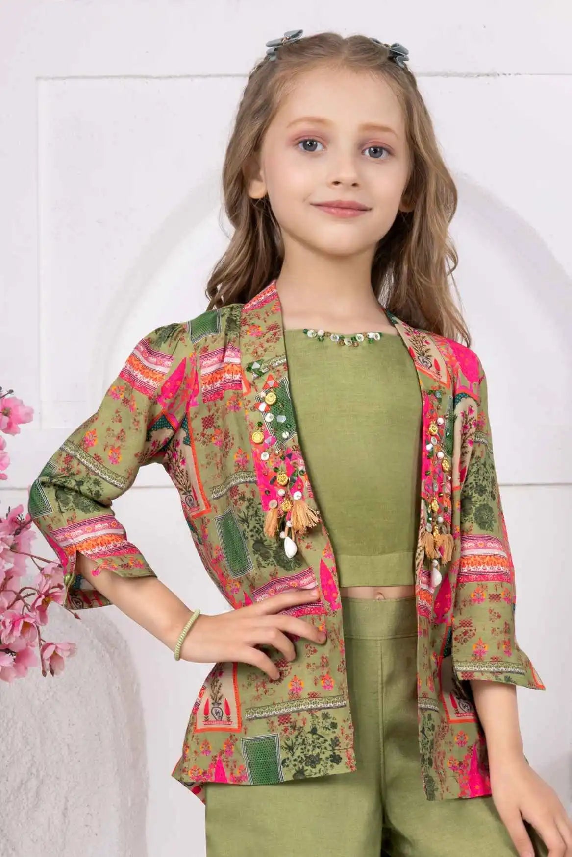 Multi Color Jacket For Girls Olive Green Crop Top And Pant Set