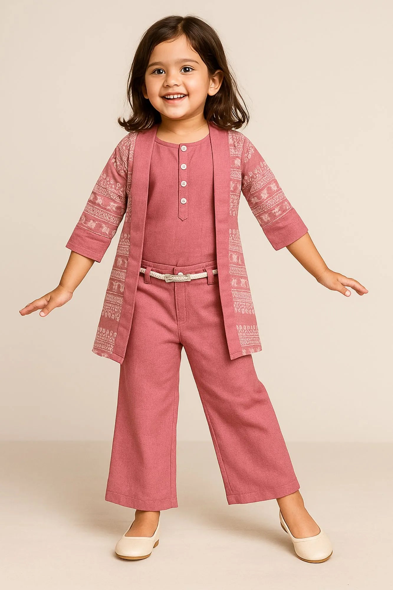 Mauve Printed Three-Piece Co-ord Set with Belted Pants For Girls