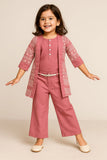 Mauve Printed Three-Piece Co-ord Set with Belted Pants For Girls