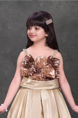 Gold Embellished Party Gown with 3D Rose Appliqué Bodice For Girls