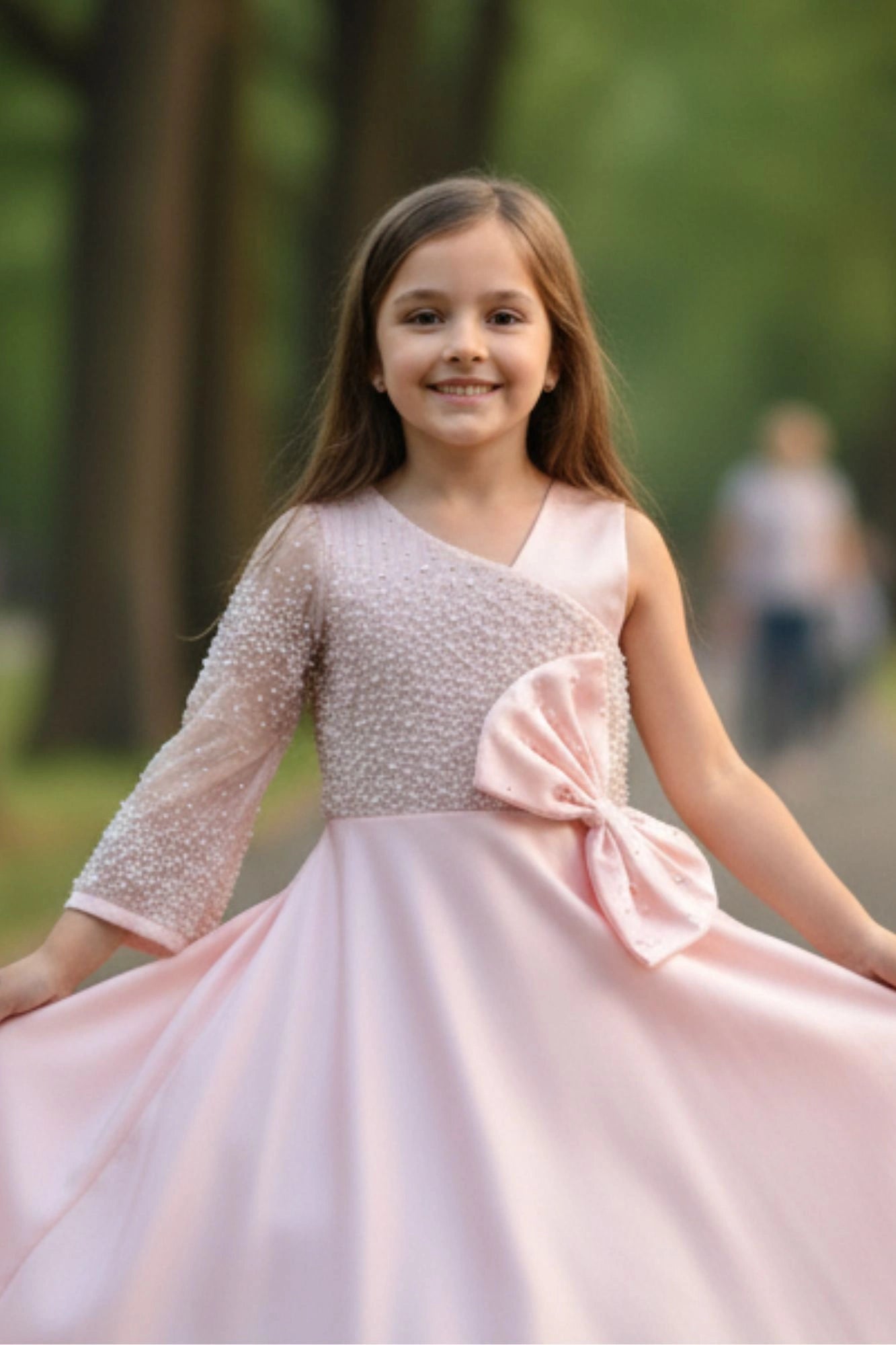 Designer Baby Pink One-Shoulder Pearl Embellished Party Gown
