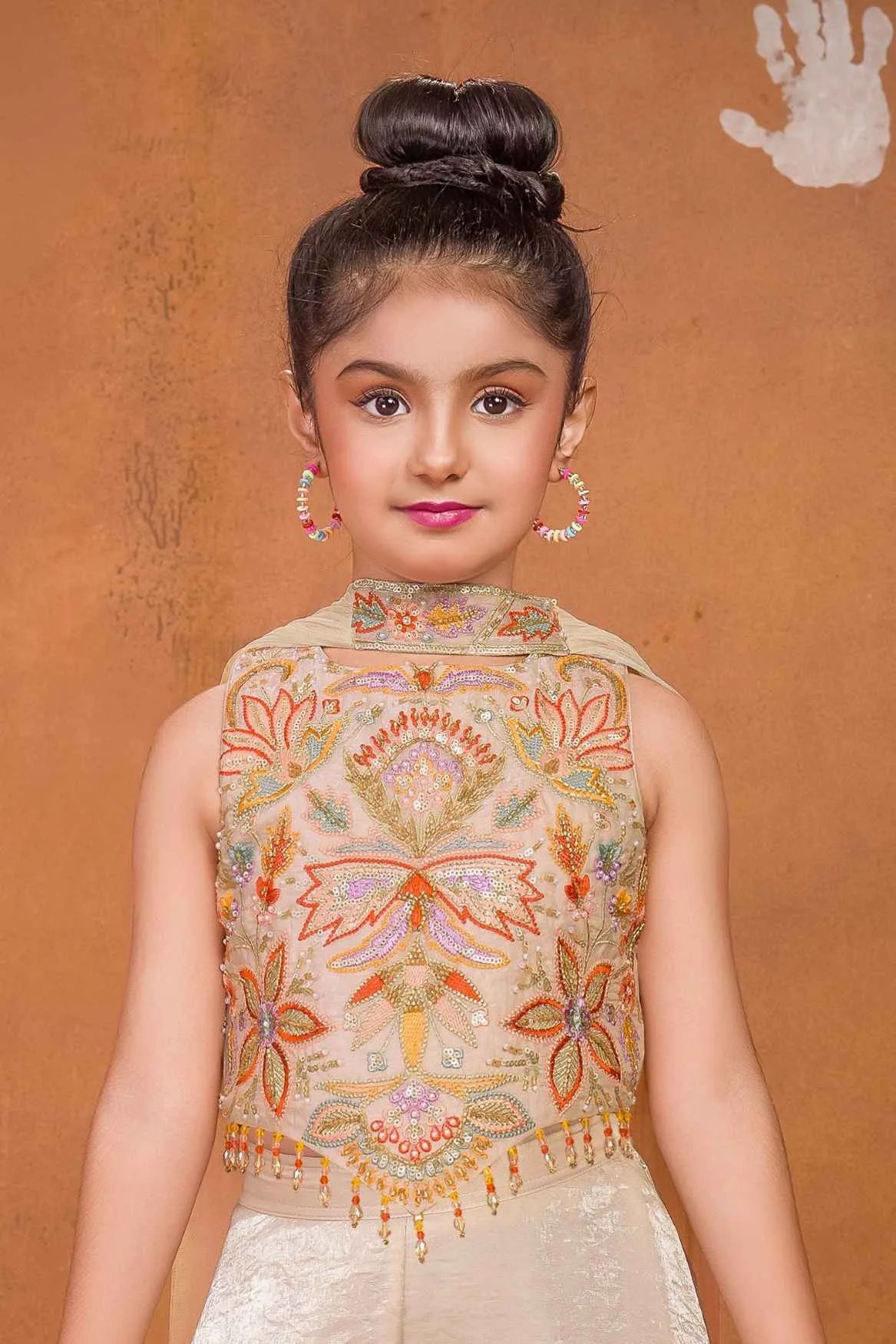 Cream Embroidered Palazzo Set For Girls