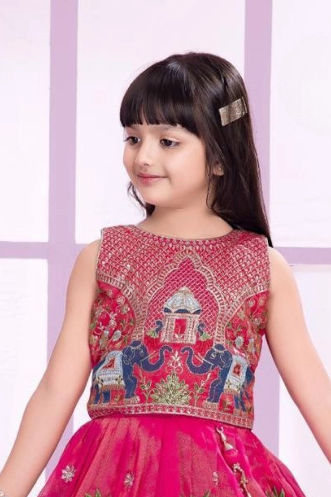 Royal Elephant Motif Pink Embroidered Ethnic Skirt And Top Set For Girls