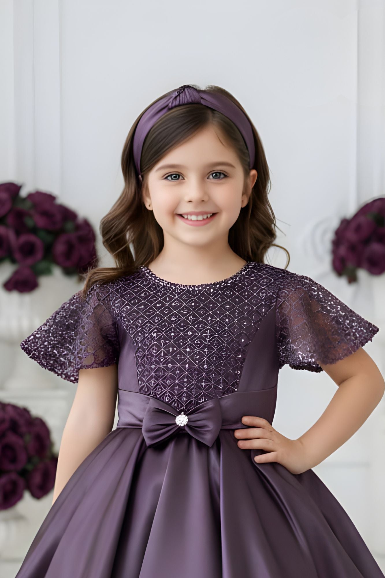 Wine Embellished Party Wear Frock with Bow Waist Accent For Girls