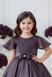 Wine Embellished Party Wear Frock with Bow Waist Accent For Girls