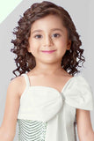 Pista Green Sequins Work And Bow Embellished Party Wear Dress With Hand Bag For Girls