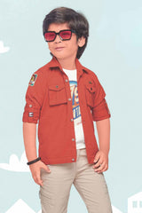 Orange Overcoat With White Shirt And Pant Set For Boys