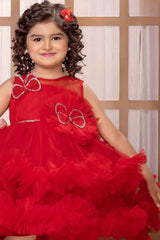 Red Sleeveless And Butterfly Embellished Tailback Frock For Girls