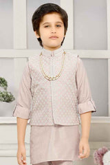 Classic Dusty Pink Kurta Set With Embroidered Overcoat For Boys