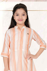 Peach 3/4th Sleeves Stripe Frock For Girls