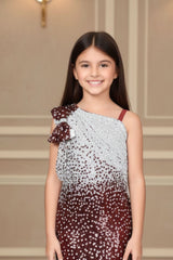 Ombré Maroon One-Shoulder Sequin Embellished Mermaid Gown For Girls