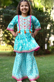 Sky Blue Mirror Work With Embroidery And Floral Printed Sharara Set For Girls
