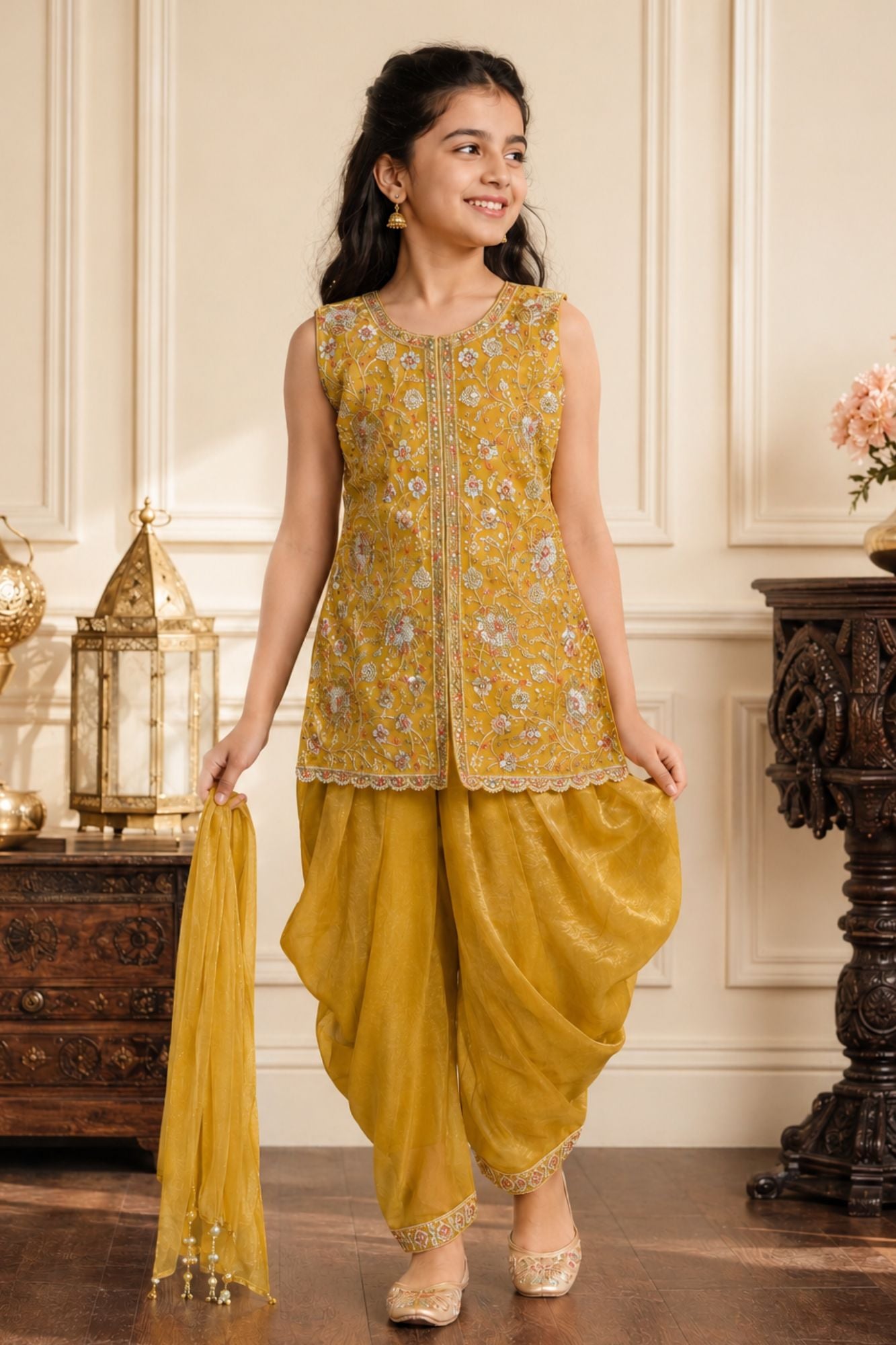 Yellow Embroidered Patiala Set With Dupatta For Girls