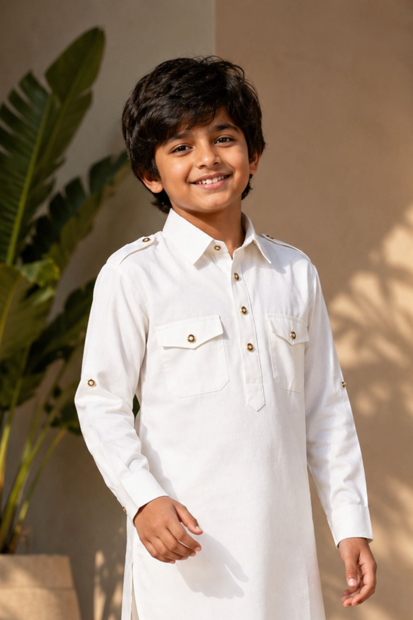 White Pathani Set  With Shirt Collar Design For Boys