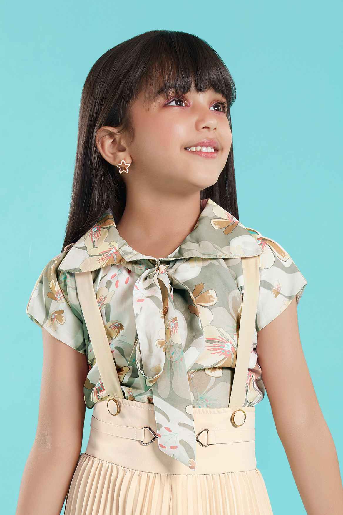 Fawn Floral Printed Shirt With Pleated Jumpsuit Set For Girls