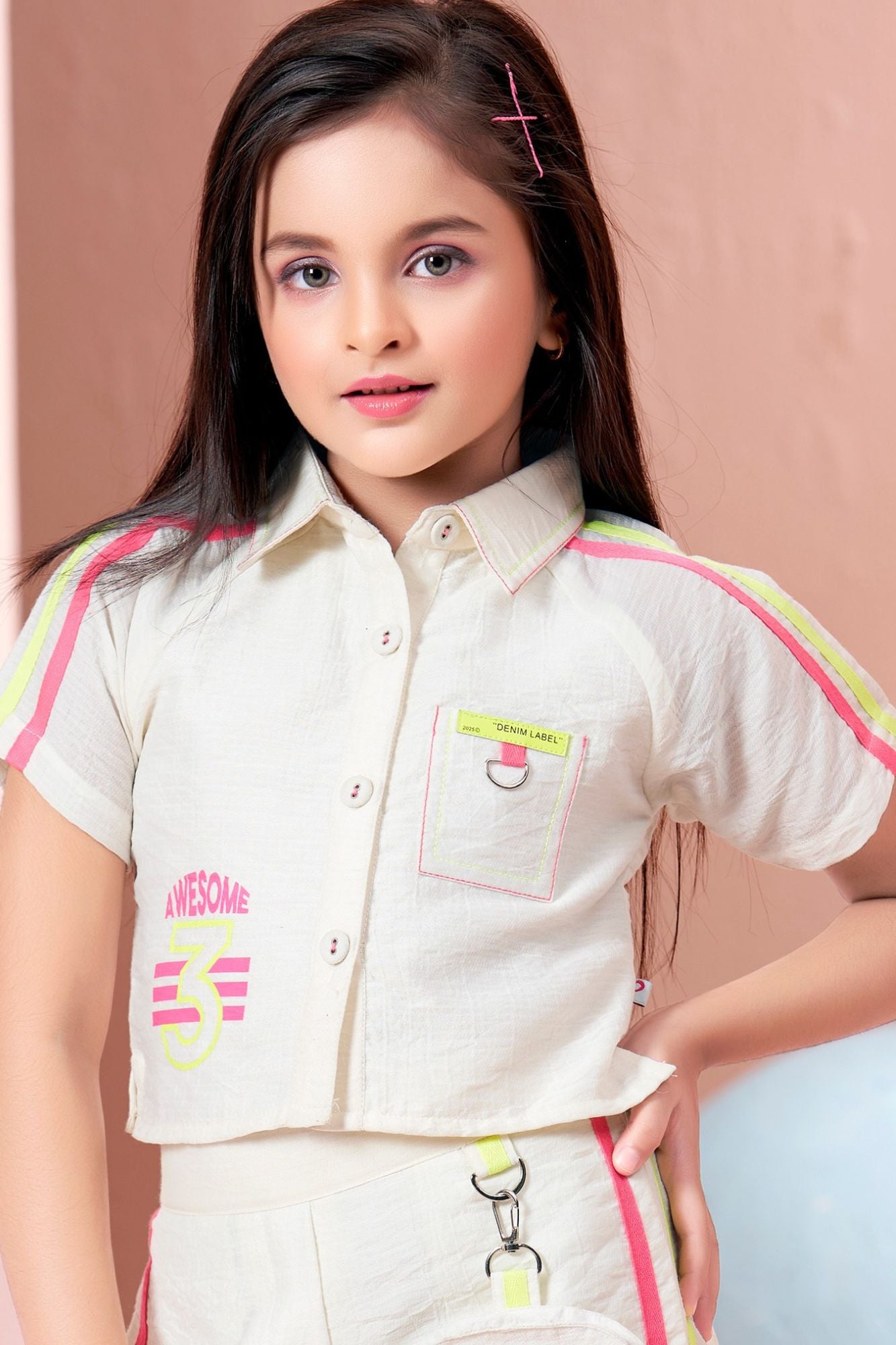 Girls Off-White Co-Ord Set with Neon Stripe Pants