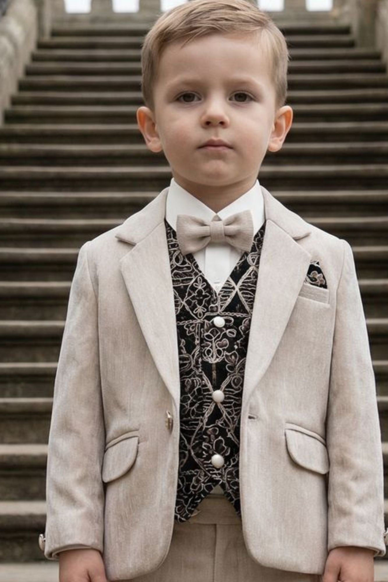 Boys Cream 5-Piece Suit Set With Waistcoat And Bow Tie