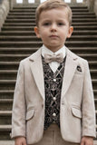 Boys Cream 5-Piece Suit Set With Waistcoat And Bow Tie
