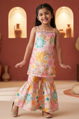 Girls Peach Floral Printed Sharara Set with Spaghetti Strap Top