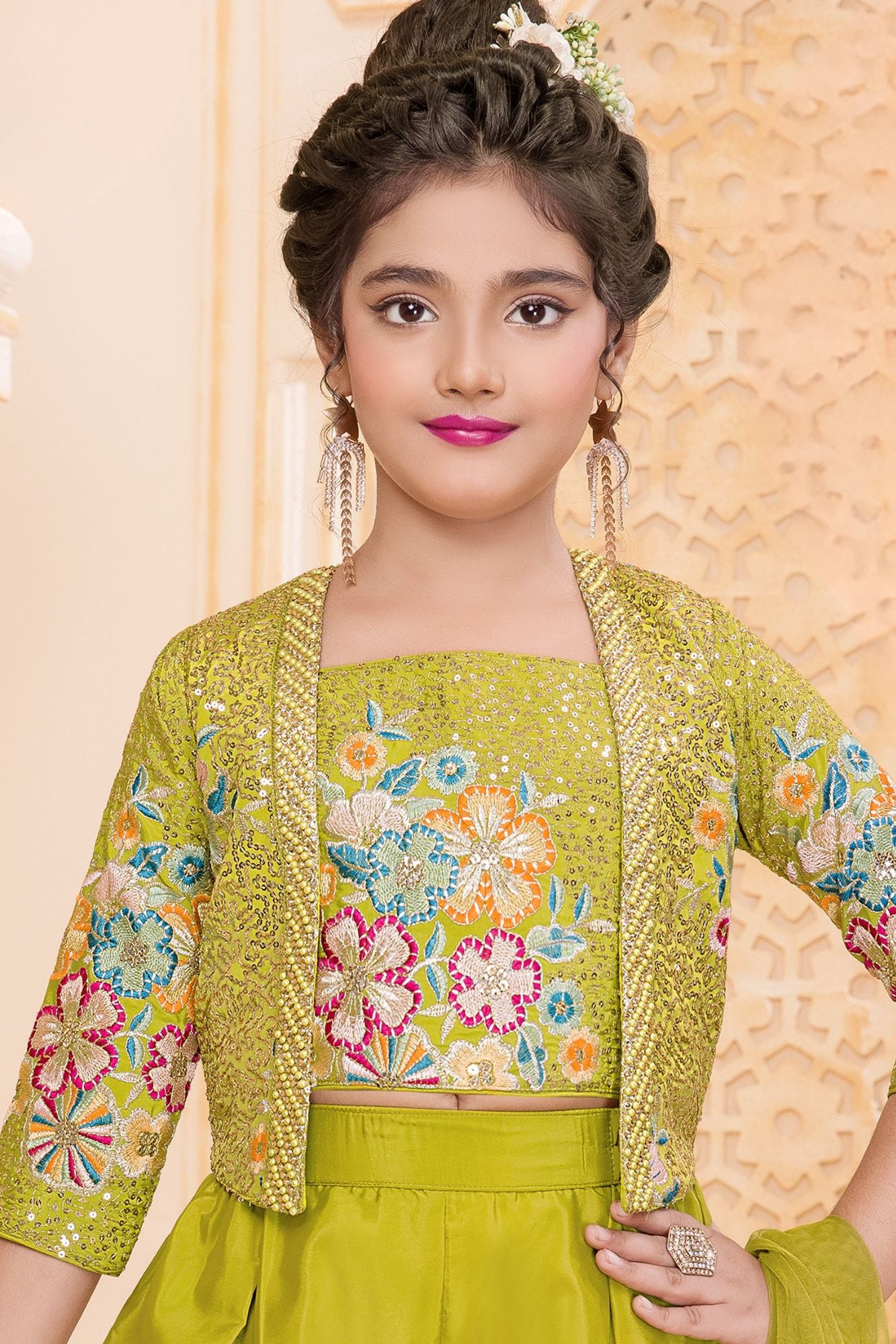 Girls Green Embroidered Palazzo Set With Jacket And Dupatta
