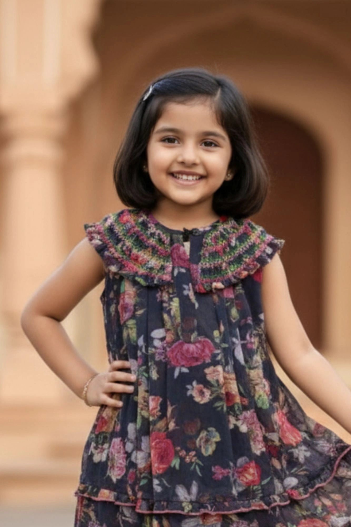 Black Floral Tiered Frock with Smocked Collar Dress For Girls