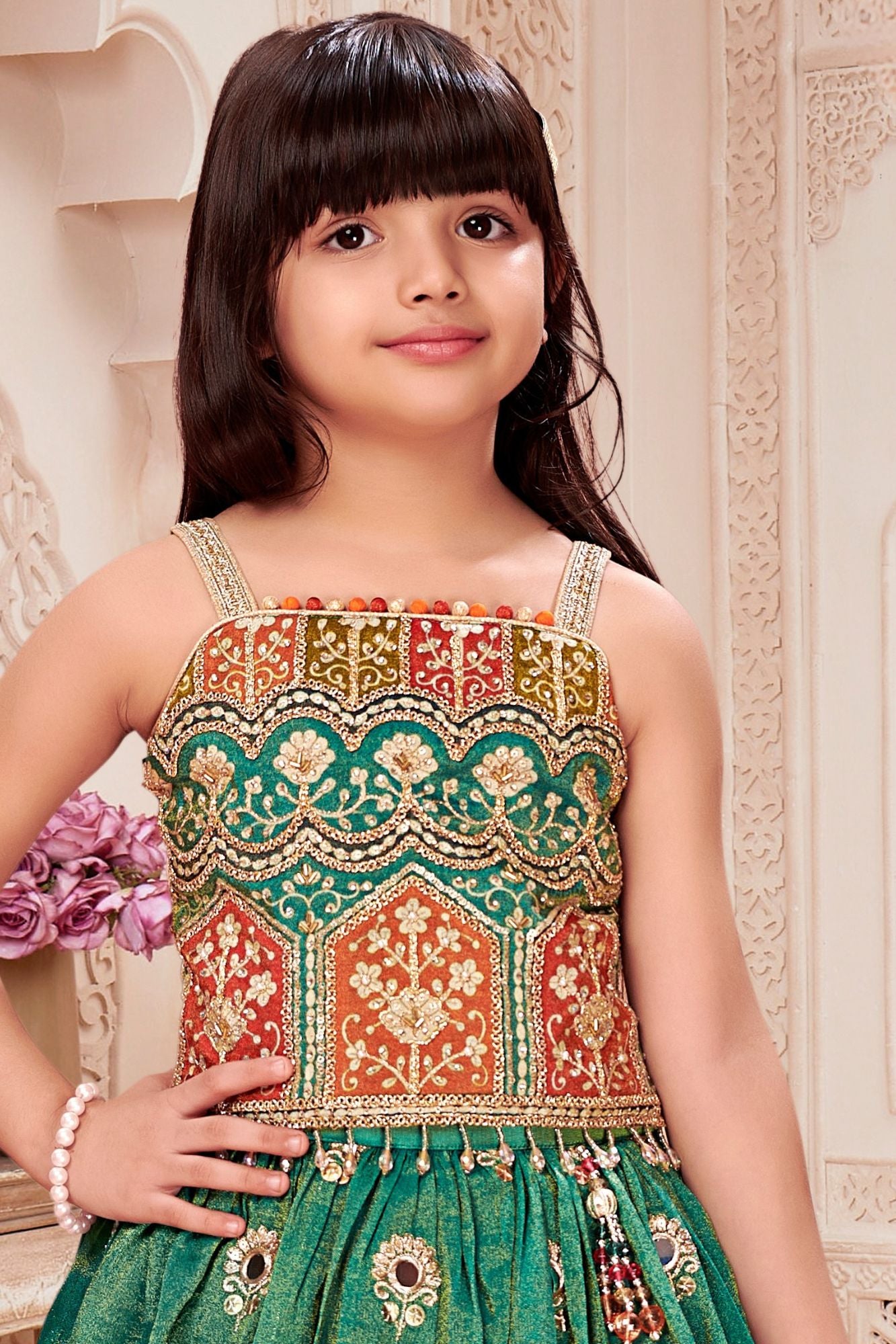 Girls Green Embroidered Lehenga Choli Set with Dupatta
