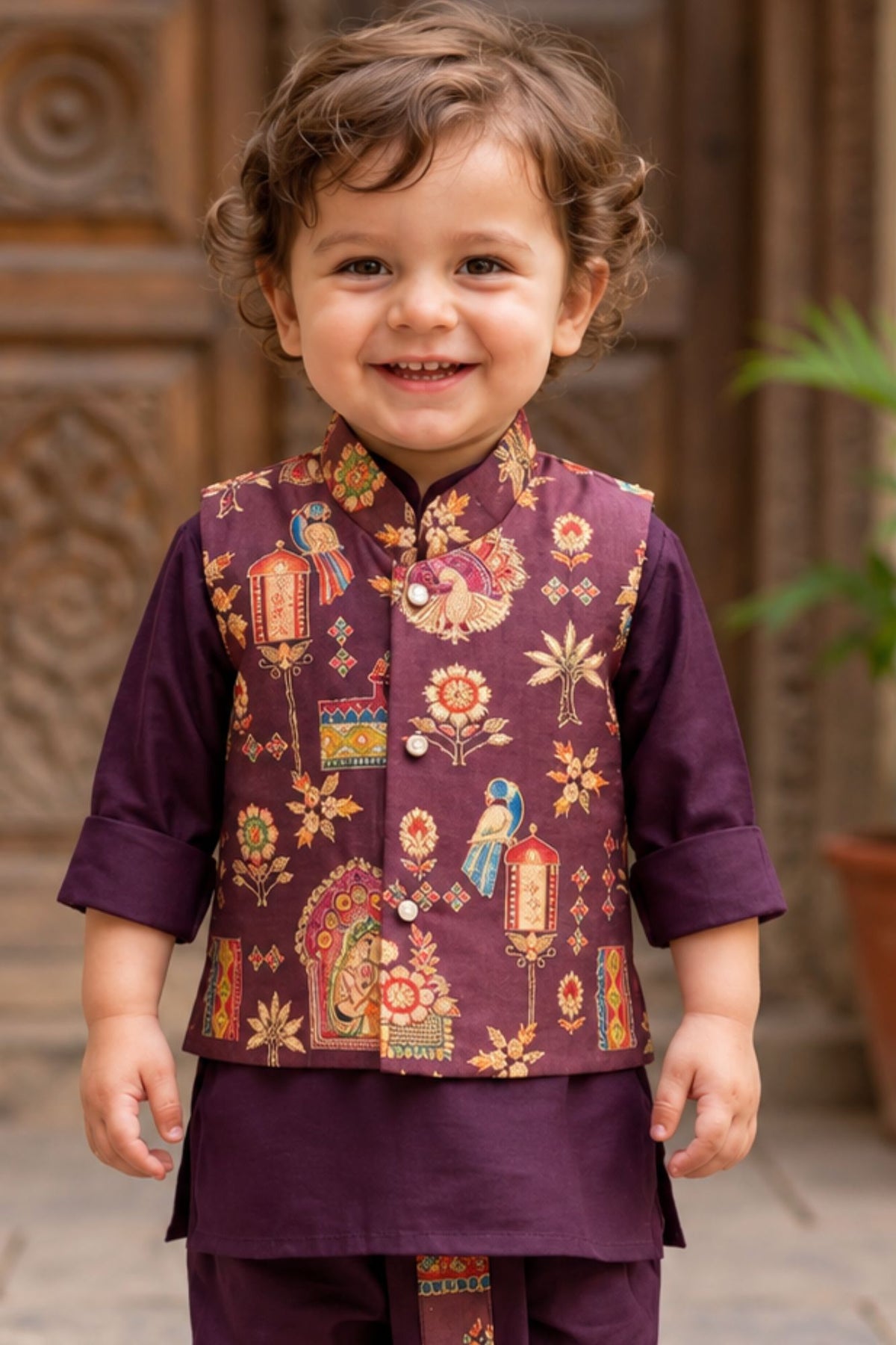Boys Wine Printed Waistcoat Dhoti Kurta Set