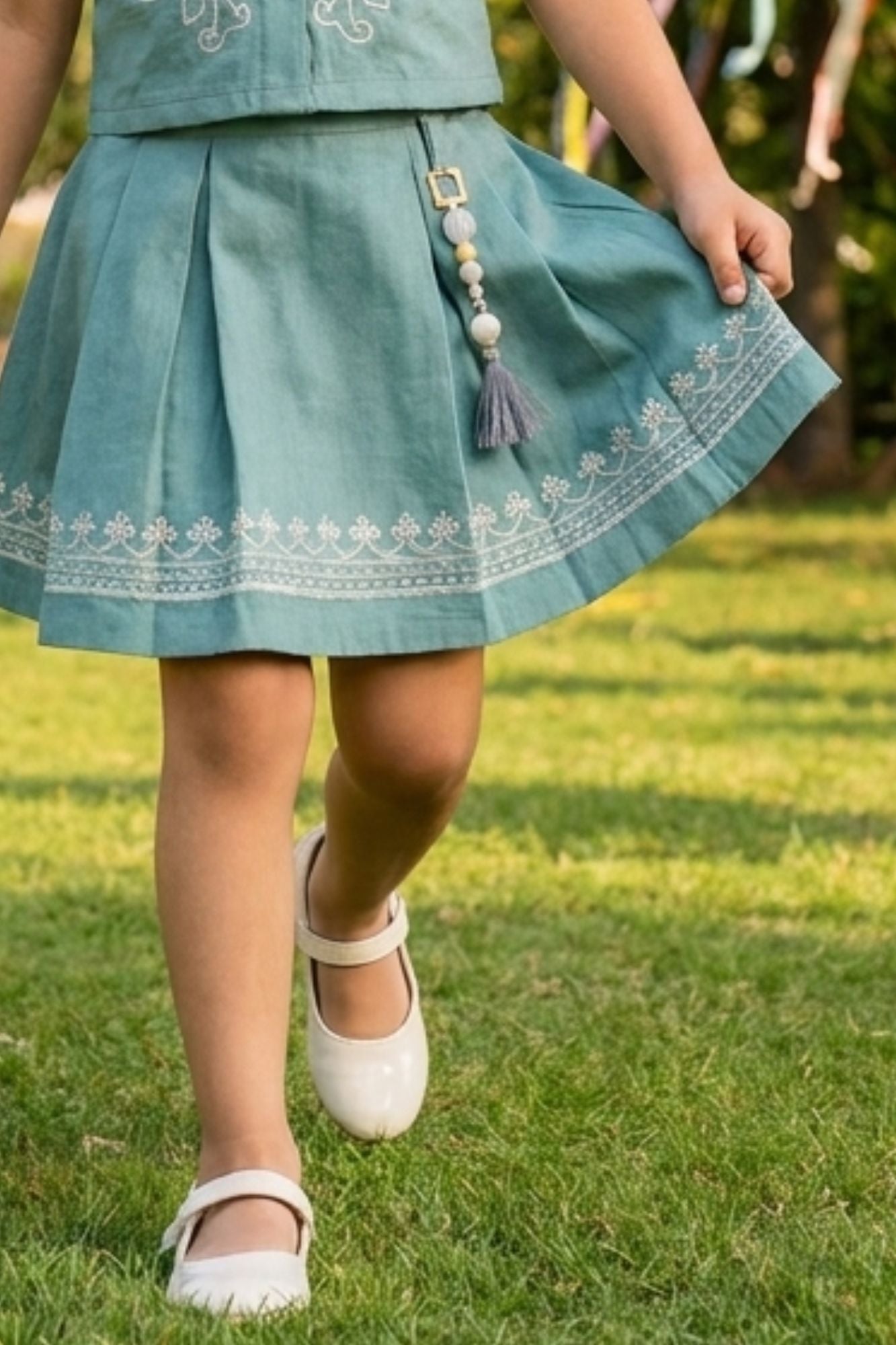 Girls Green Embroidered Shirt Top and Pleated Skirt Co-Ord Set