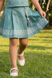Girls Green Embroidered Shirt Top and Pleated Skirt Co-Ord Set