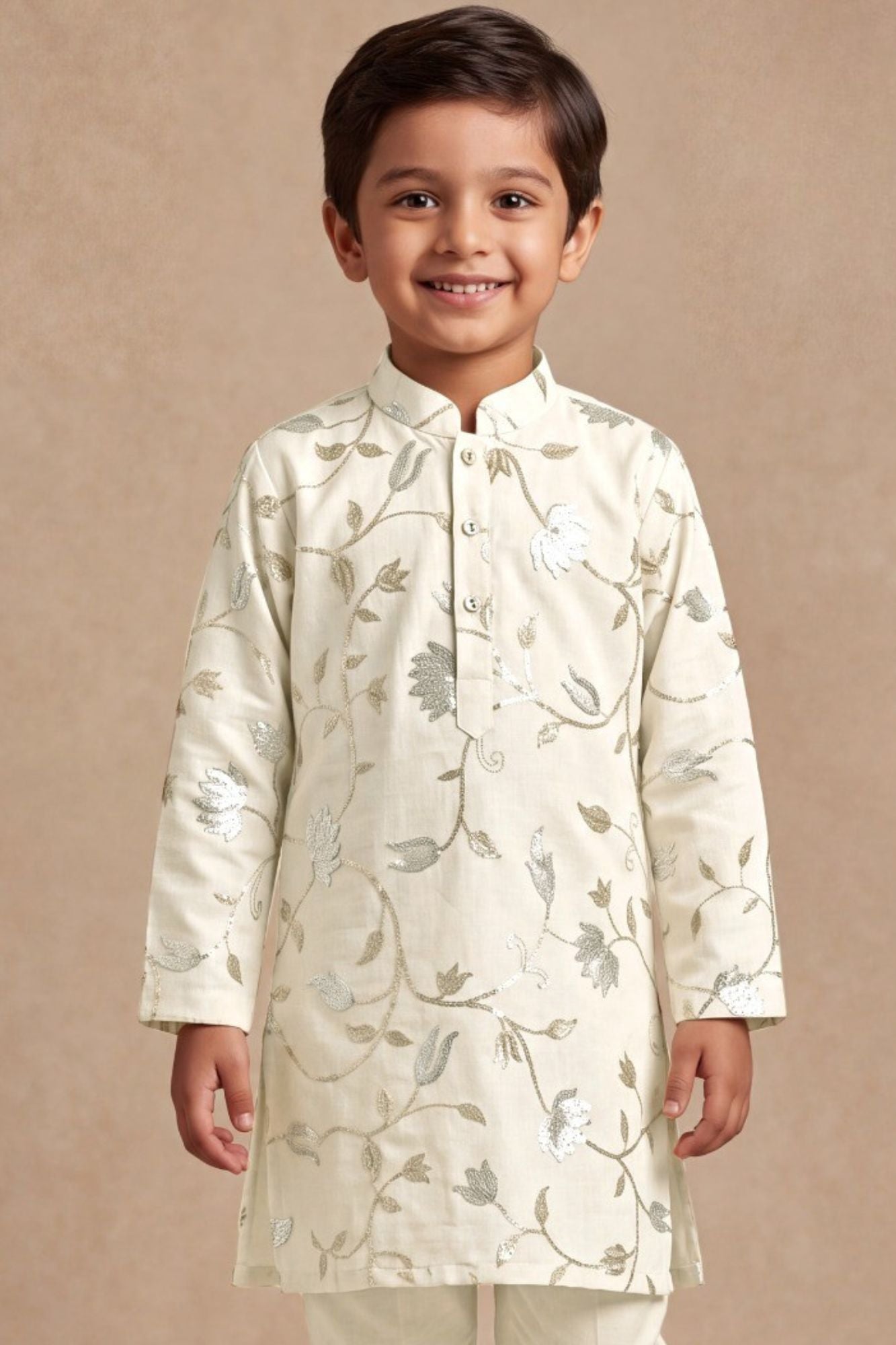 Boys Cream Kurta Pajama Set with Floral Gota Patti And Sequin Work