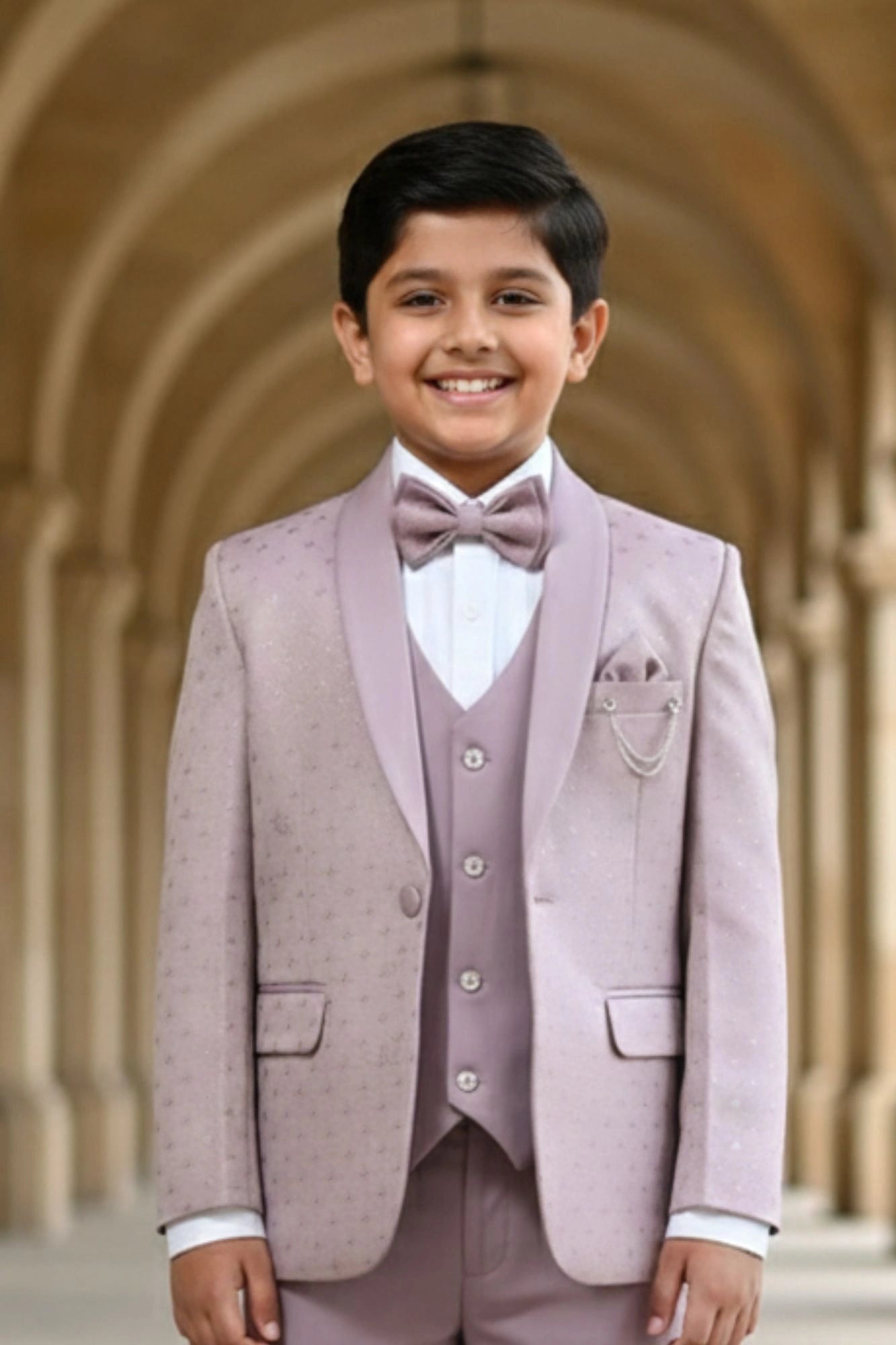 Premium Mauve Self Design 5-Piece Party Suit Set For Boys