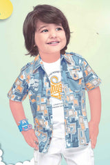 Blue Printed Shirt And T Shirt With White Shorts Set For Boys