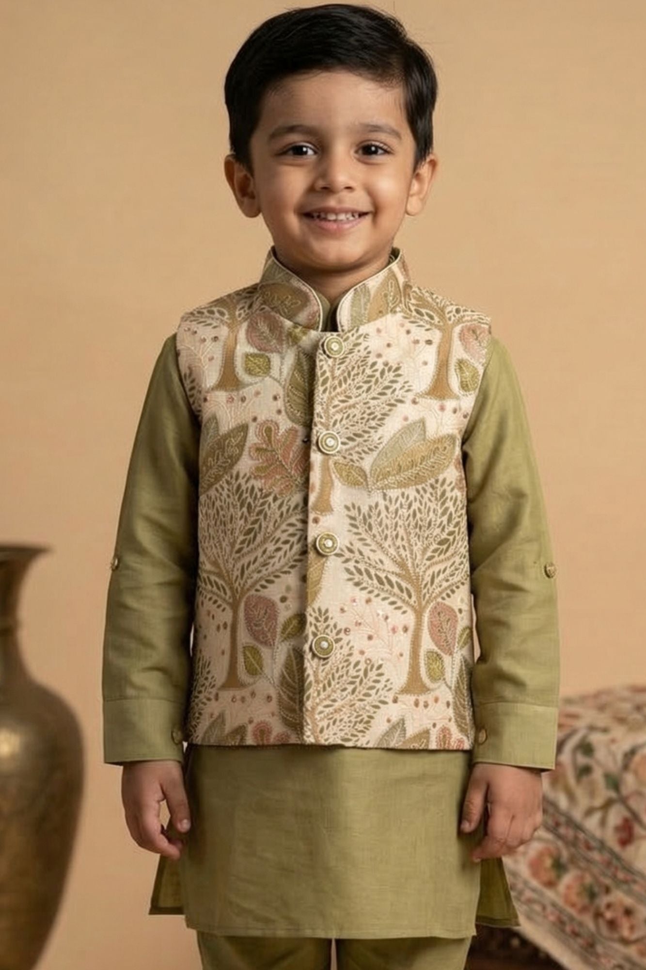 Olive Green Kurta Pyjama Set With Embroidered Nehru Jacket For Boys