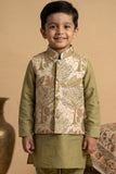 Olive Green Kurta Pyjama Set With Embroidered Nehru Jacket For Boys