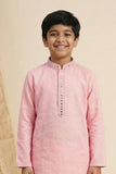 Pink Embroidered Linen Kurta Set For Boys