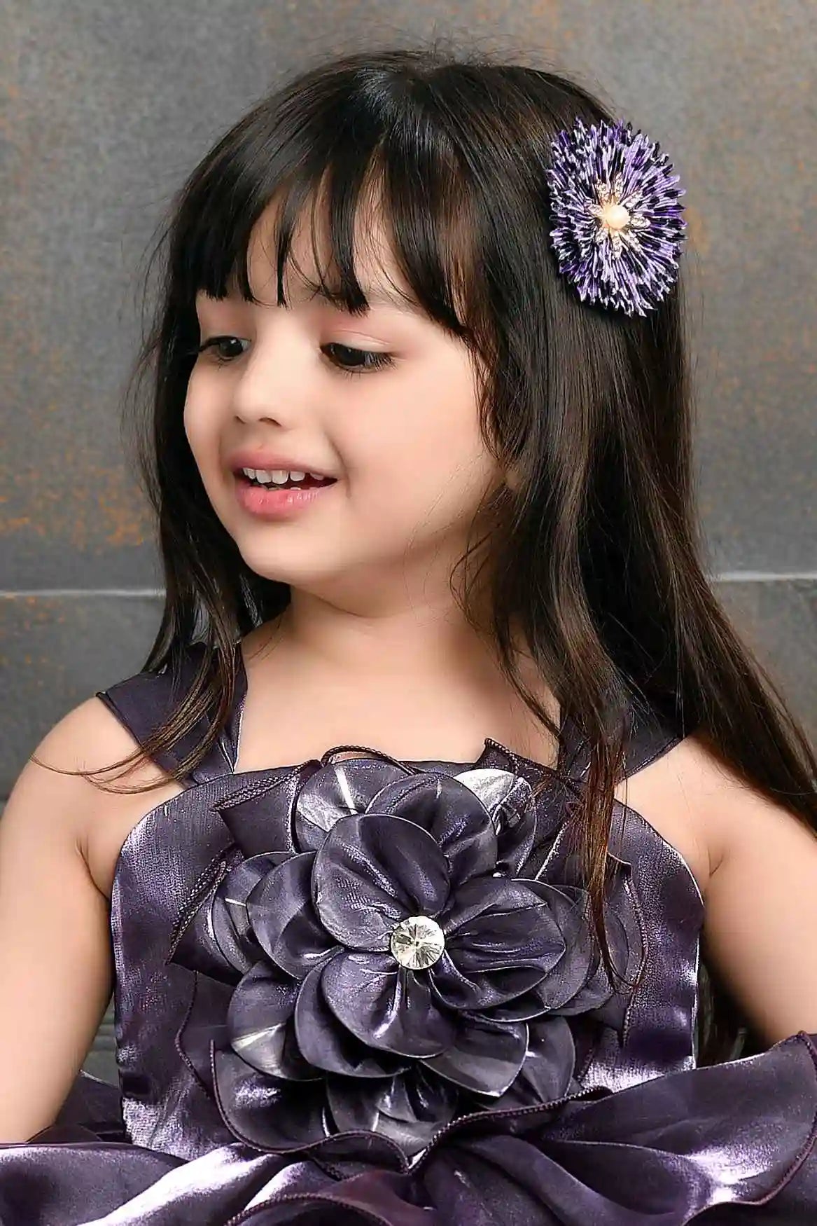 Purple Satin Partywear Frock With Flower Embellishment For Girls