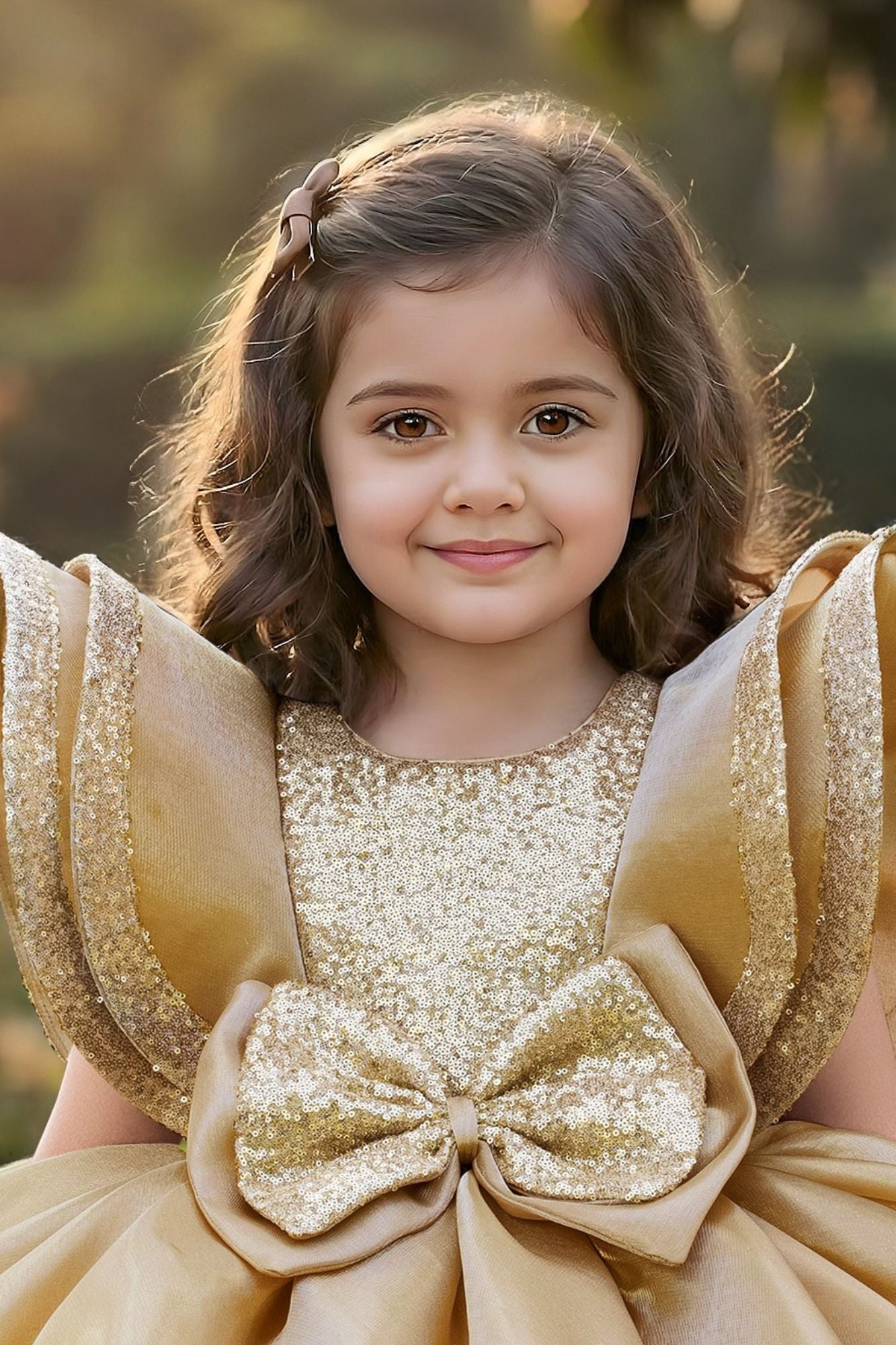 Gold Statement Bow Party Wear Frock for Girls