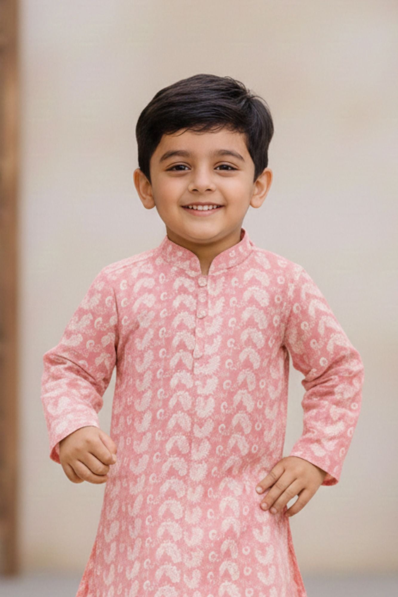 Pink Chikankari Embroidered Kurta with White Pajama Set For Boys