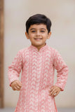 Pink Chikankari Embroidered Kurta with White Pajama Set For Boys